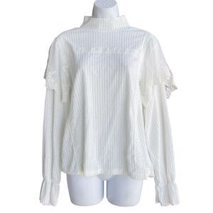 Anthropologie CALLIGRAPHIE Knitted Lace Ruffled Top Size L Ivory Long Sleeve